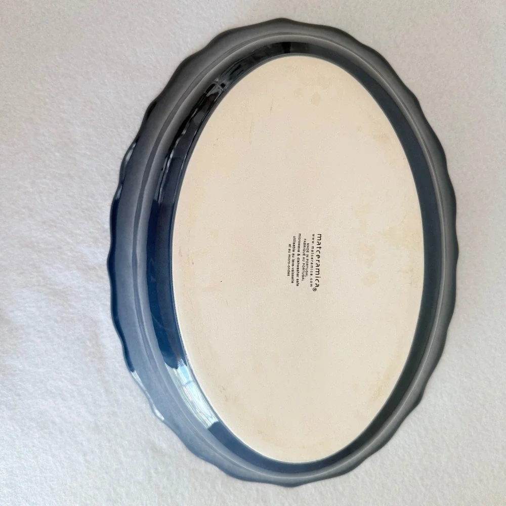 Matceramica Portugal‎ Navy Blue Scalloped Oval Serving Bowl Stoneware 13.5 Inch